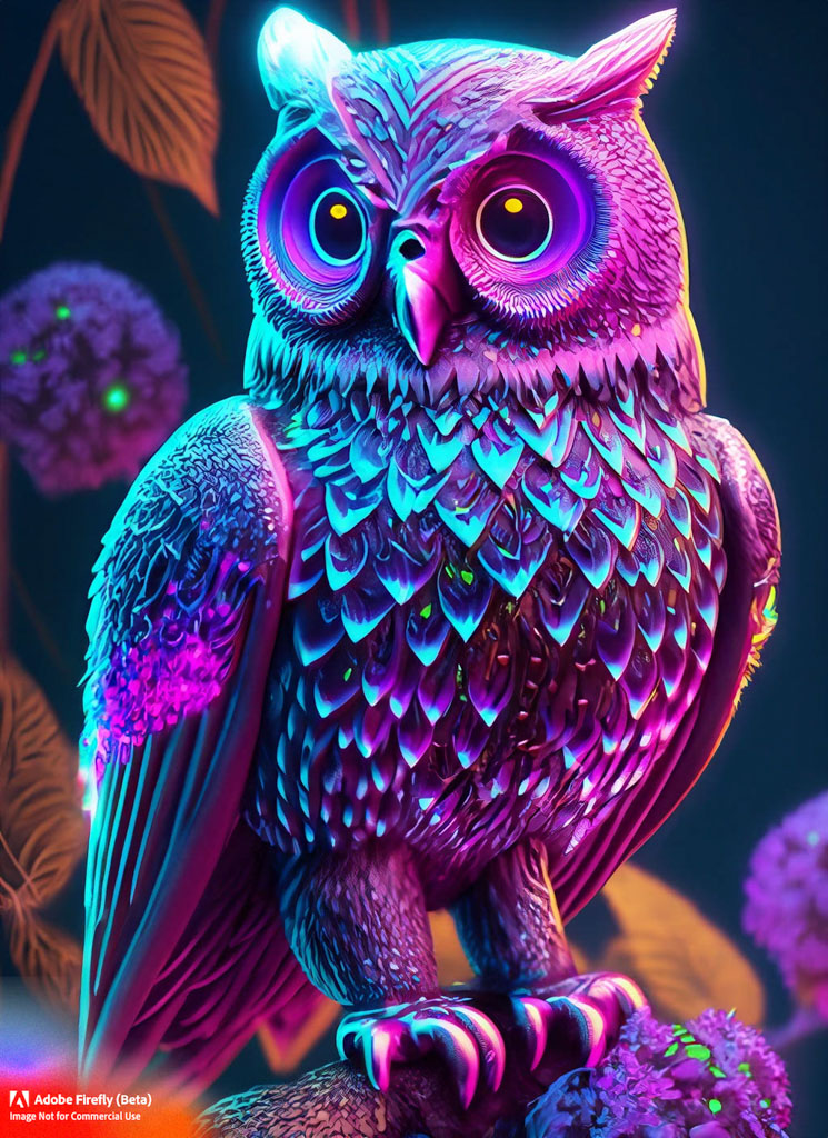 Glowing metalic owl in close up